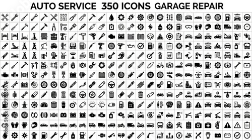 Collection of 350 black and white icons for auto service and garage repair.