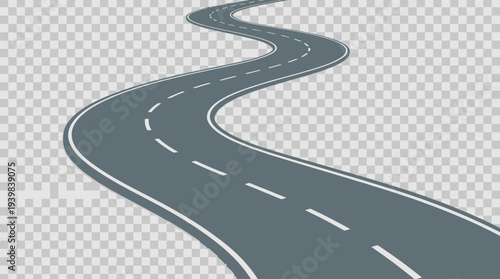 Winding asphalt road with white markings on transparent background.