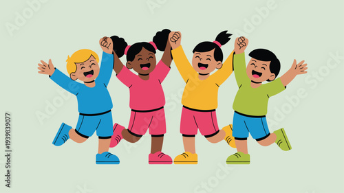 Happy children cheering with raised arms