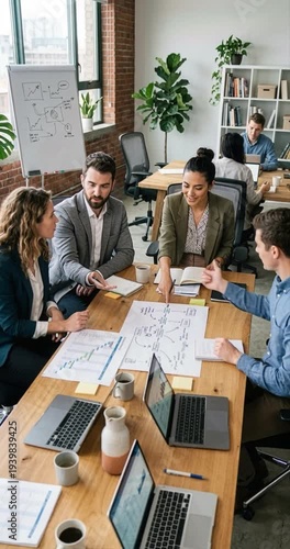 Collaborative office meeting with charts and technology