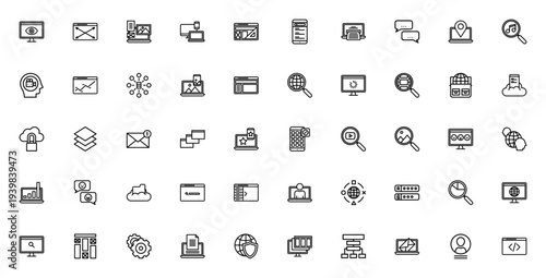 Web design icon set. Minimal line icons collection for UI, UX, website and app. Includes monitor, browser, laptop, smartphone, search, chat, cloud, server and more. Editable vector.