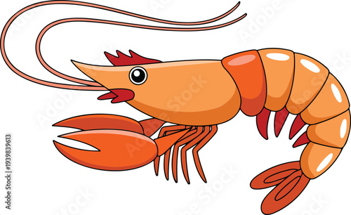 Minimal cartoon shrimp illustration with segmented body antennae and tail fin simple seafood icon isolated on white