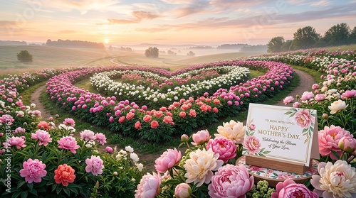 Beautiful heart-shaped peony field blooming at sunrise, featuring a lovely Mother's Day card in a serene landscape