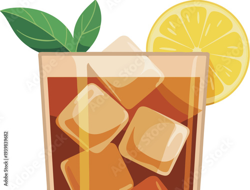 Minimal iced tea glass illustration with lemon slice tea leaf garnish and ice cubes refreshing summer beverage vector