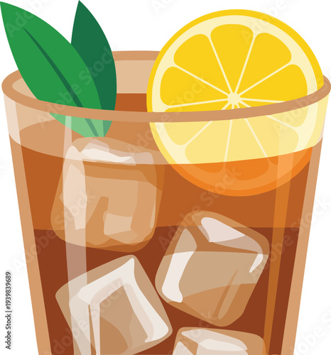 Minimal iced tea glass illustration with lemon slice tea leaf garnish and ice cubes refreshing summer beverage vector