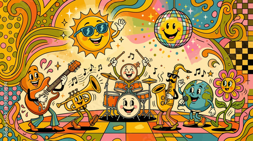 Vibrant cartoon band performing on a psychedelic stage with smiling sun and disco ball.