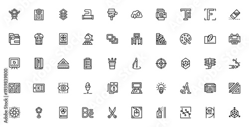 Design tools outlined icon set. Vector illustration pack featuring easel, text, layers, printer, brush, palette, pencil, tablet, computer and more. Editable stroke icons.