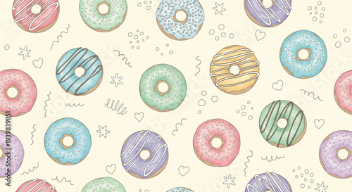Seamless Pattern with Colorful Donuts Hand Drawn Cute Dessert Background