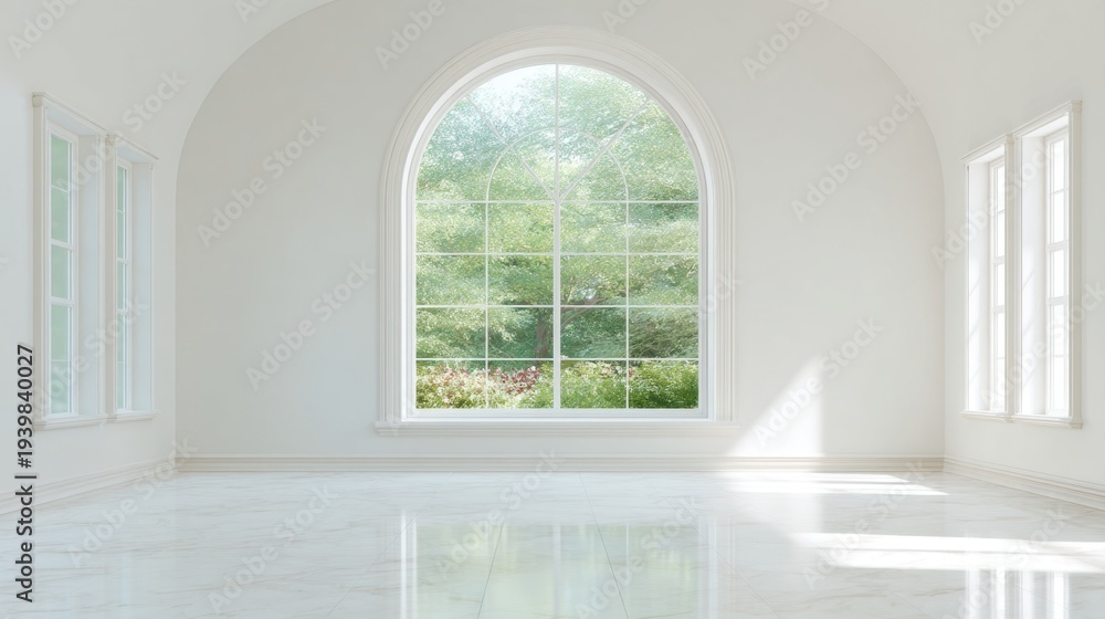Fototapeta premium Bright and Airy Interior Space with Large Arch Window Overlooking Lush Greenery and Natural Light Streaming In
