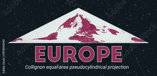 Europe. World map. Collignon equal-area pseudocylindrical projection centered to Europe. Pale Mint Dark Pink palette. Vintage texture. Amazing vector illustration.