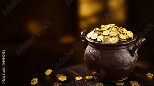 A decorative pot filled with gold coins on a rustic wooden table, offering ample copy space for text or design elements for St. Patrick's Day themes