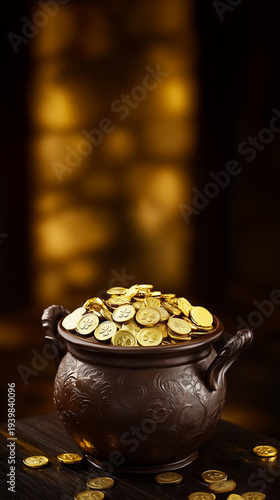 A decorative pot filled with gold coins on a rustic wooden table, offering ample vertical copy space for text or design elements for St. Patrick's Day themes