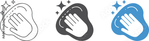 Minimal hand-washing icon set with scrubbing hand, soap bubble, and sparkle symbols in line silhouette and colored variations