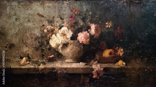 Old weathered still life oil painting with flowers and cracked texture, vintage fine art background.