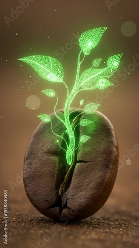 Seedling Sprouts From Coffee Bean Glowing Green