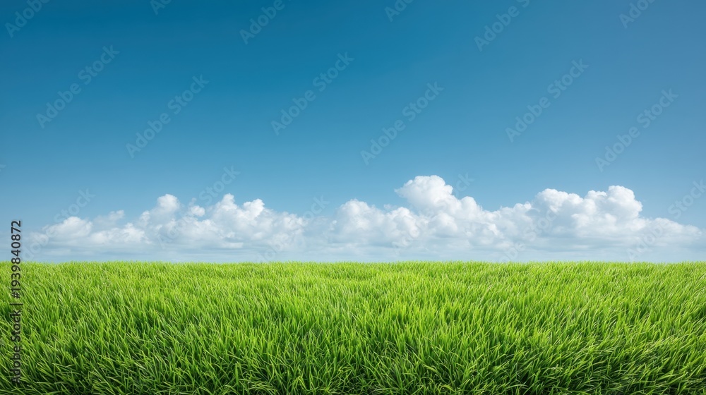 Fototapeta premium Lush Green Grass Field Under Clear Blue Sky with Soft White Clouds in the Background Capturing Nature's Beauty