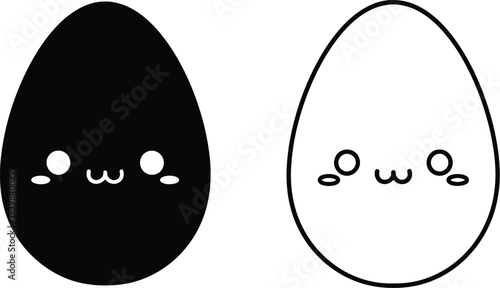 Cute egg characters black and white cartoon faces isolated on transparent background, Vector