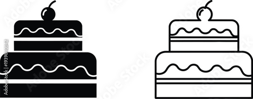 Black and white cakes with cherries on top wedding bakery isolated on transparent background, Vector