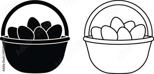 Black and white illustration of two baskets filled with eggs isolated on transparent background, Vector