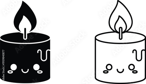 Smiling candles black and white illustration isolated on transparent background, Vector
