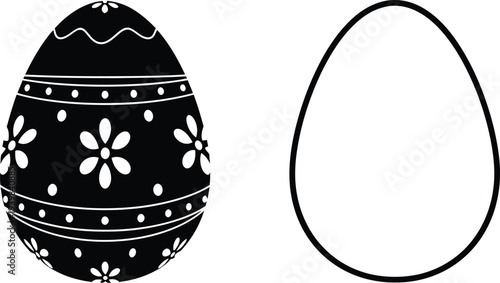 Black easter egg with white floral pattern and outline isolated on transparent background, Vector