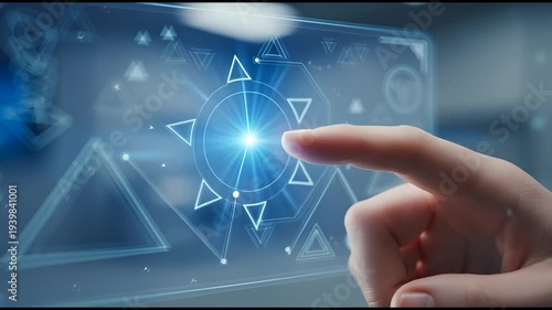Finger Touches Futuristic Holographic Interface with Data Visualization