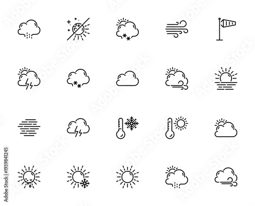 Weather icon set. Vector illustration pack. Includes symbols for rain, snow, wind, storm, cloud, sun, thermometer, haze and more. Editable stroke.