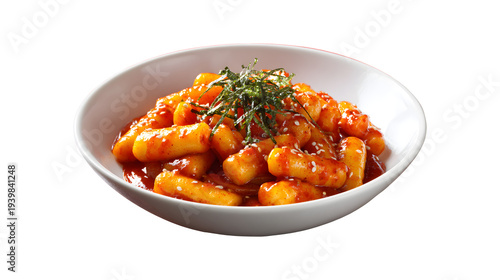 deep fried Korean rice cake (Tteokbokki) with spicy sauce - Korean food style By Hound isolated on a white background
