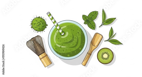 Matcha Green Tea Smoothie Bowl with Kiwi and Mint