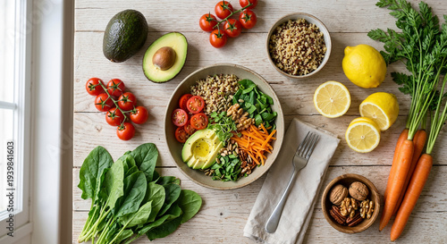 Quinoa salad bowl avocado spinach carrot