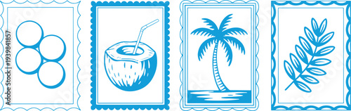 Tropical vacation postcards: coconut drink, palm tree, and leaf border