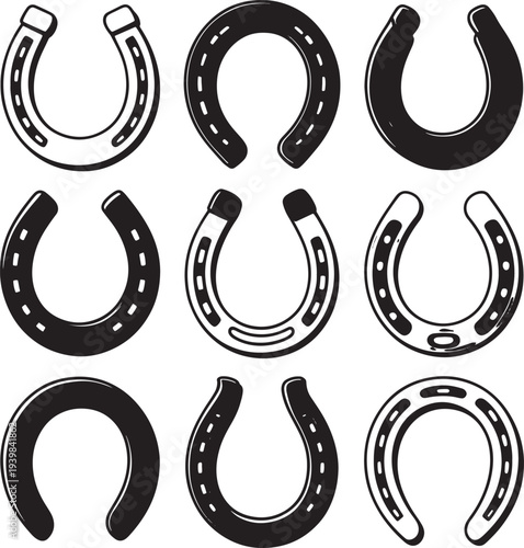 Set of horseshoe icons in various styles, good luck symbols