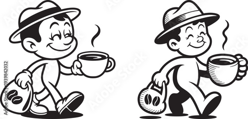 Happy cartoon man with coffee cup and coffee beans bag, black and white illustration