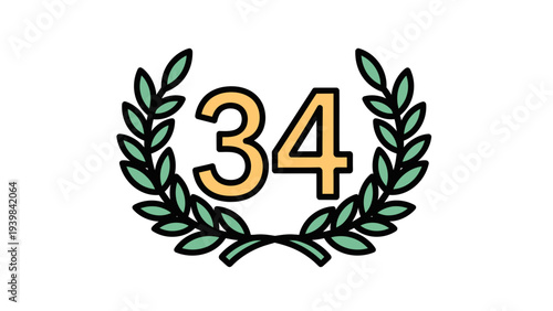 Number 34 Laurel Wreath Vector Illustration Graphic Design Element for Achievements and Celebrations