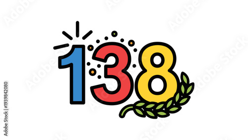 Number 138 Celebration Vector Illustration with Laurel Wreath and Sparkles, Festive Typography Graphic for Anniversaries, Milestones, and Achievements