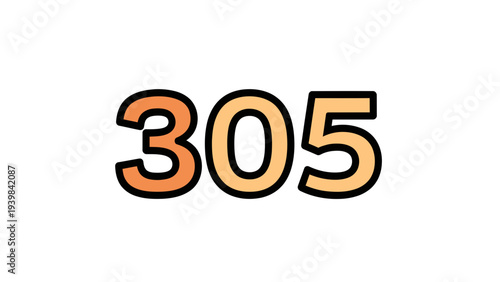 Number 305 Typography Illustration, Bold Orange Digits with Black Outline, Clean White Background, Graphic Design Element