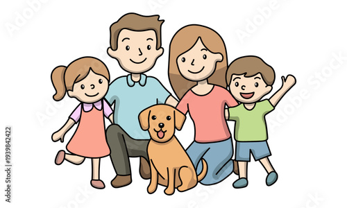 Happy **Young Family with Pet Dog** Smiling Together Vector Illustration