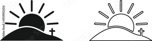 Easter sunrise with cross hill isolated on transparent background, Vector