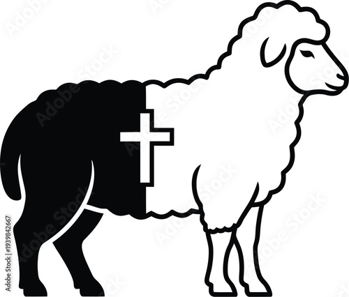 Black and white sheep with cross symbol isolated on transparent background, Vector