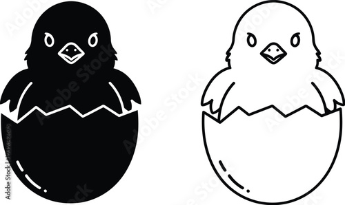 Black and white chick hatching from eggs isolated on transparent background, Vector