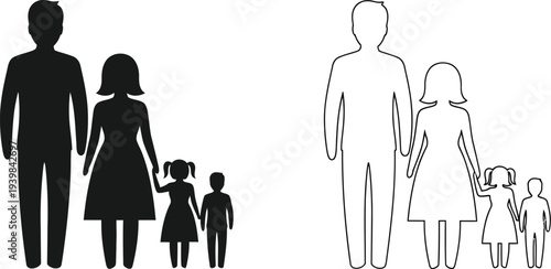 Family silhouettes black white isolated on transparent background, Vector