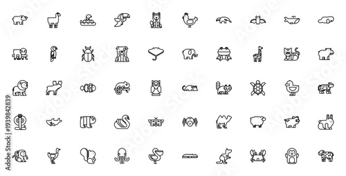 Animals icon set. Vector illustration pack featuring rhinoceros, llama, snake, toucan, siberian husky, hen, anteater, bat, whale and more wildlife symbols.
