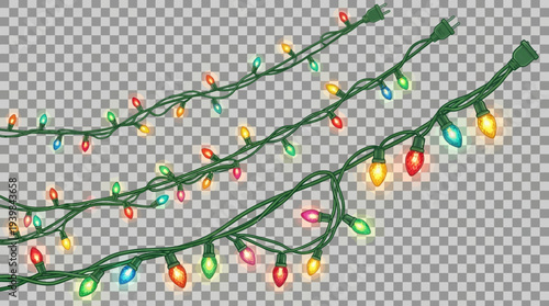 Colorful Christmas lights on transparent background.