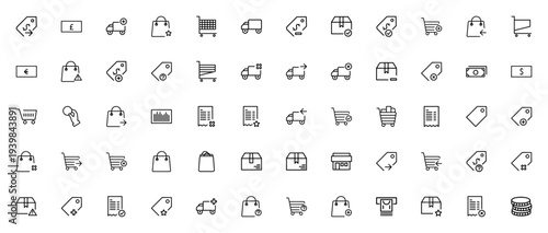 E-commerce icon set. Vector symbols for shopping cart, price tag, delivery truck, money, package, invoice and more. Minimal line icons pack.