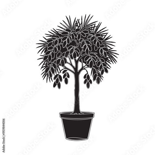 Silhouette illustration of potted tree with fruits, ornamental plant vector