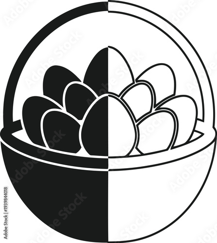 Black and white eggs in bowl split down middle isolated on transparent background, Vector