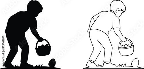 Easter egg hunt kids collecting eggs isolated on transparent background, Vector