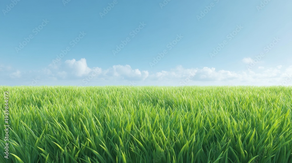 Fototapeta premium Lush Green Grass Under a Clear Blue Sky with Soft White Clouds on a Sunny Day in an Open Field Landscape