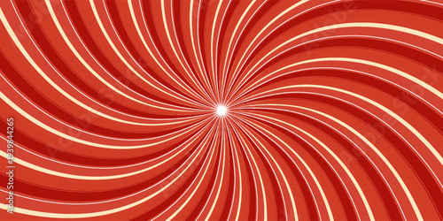 Retro red background with vintage circus sunburst. Psychedelic colorful swirl poster, abstract pattern in 70s carnival style. Hypnotic sunburst vector illustration.