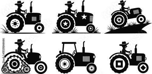 Farmer driving tractor silhouettes collection, agricultural machinery icons set, farming equipment vector illustration, rural agriculture concept, tractor operator graphics isolated on white backgrou
